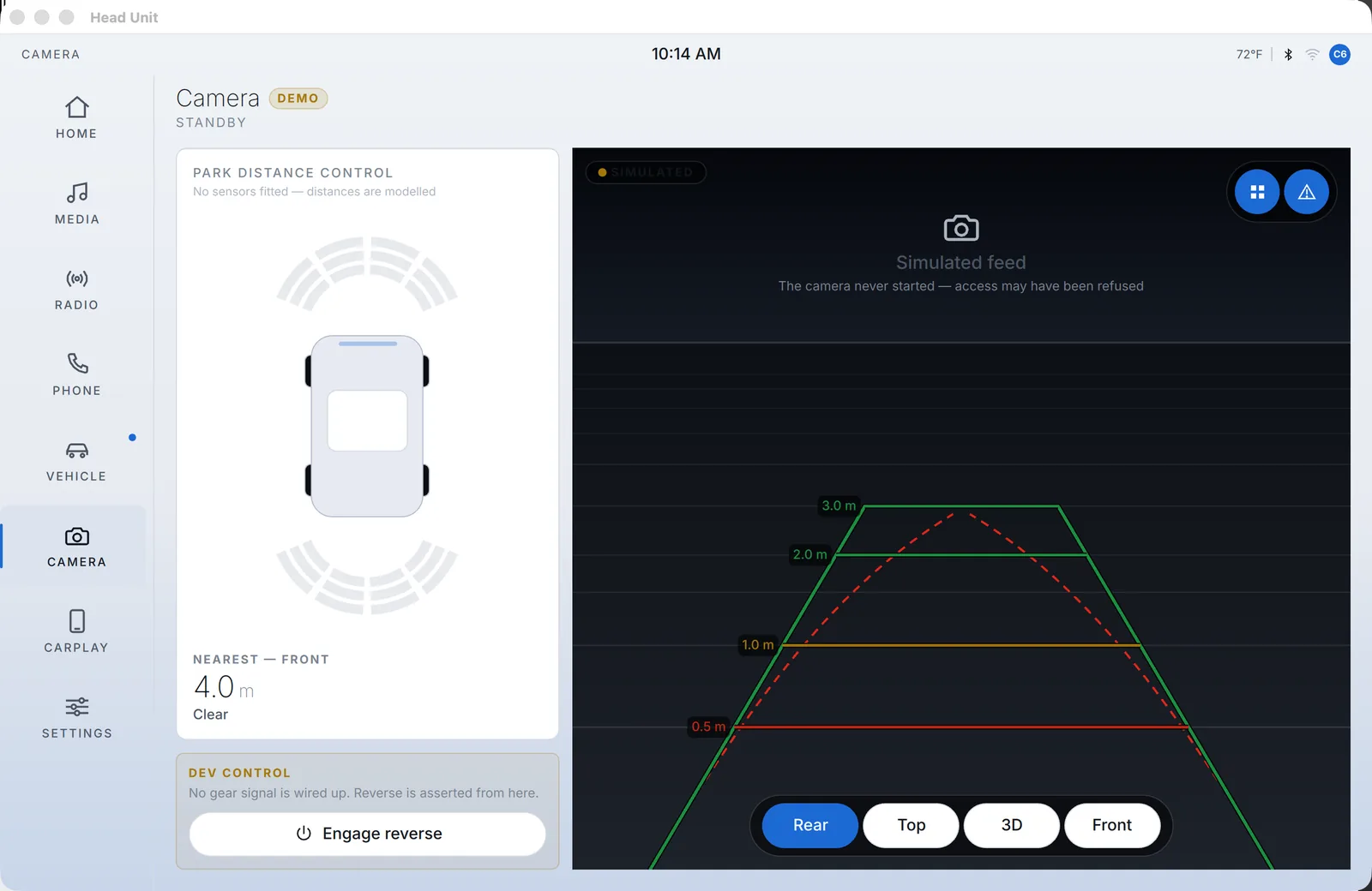 The reversing camera screen on light surfaces with steering linked guidelines over a simulated feed