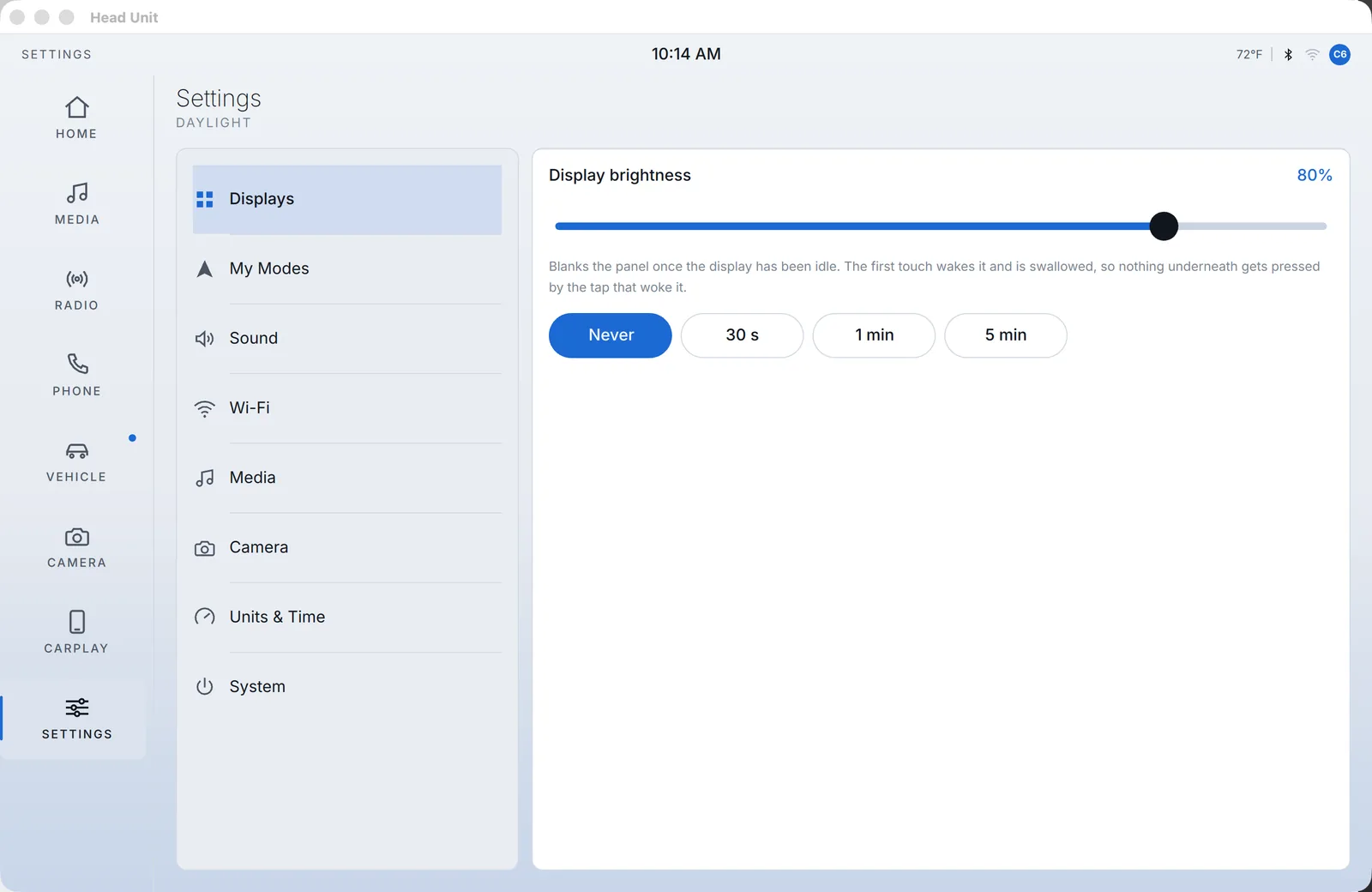 The settings screen on light surfaces showing display, sound, Wi-Fi and system preferences