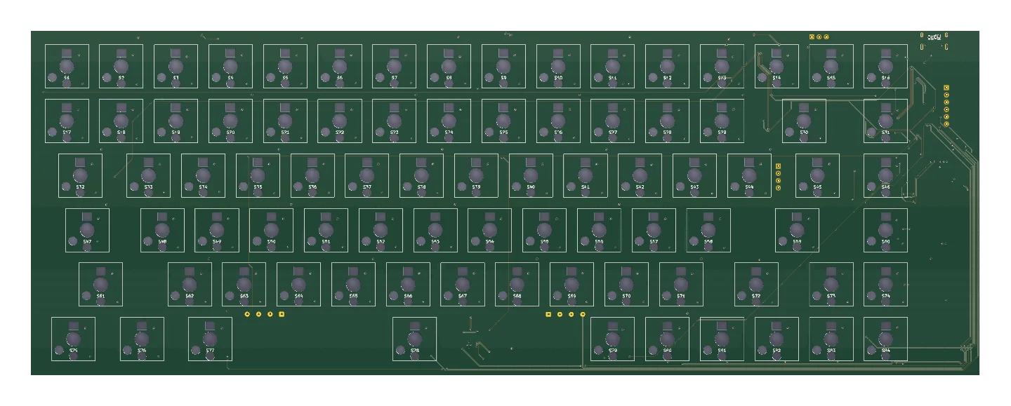 3D render of a green wireless keyboard PCB with eighty-four hotswap switch sockets laid out in an 84-key layout