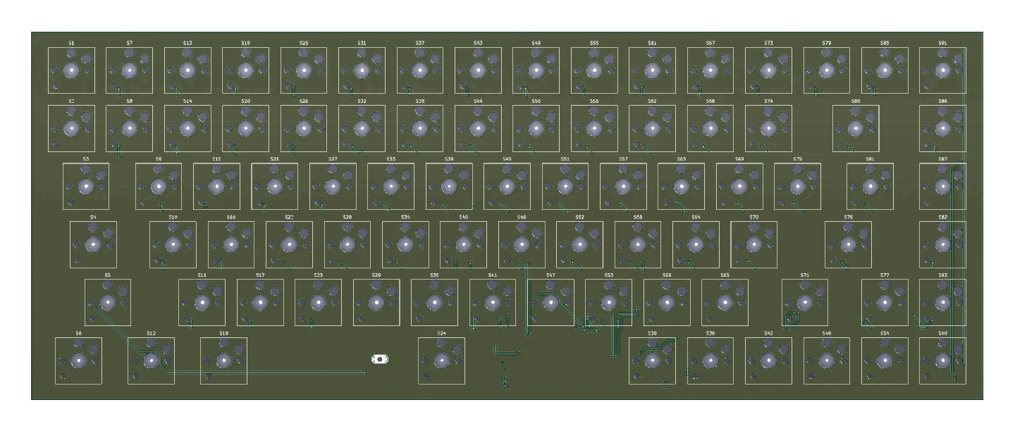 3D render of an early keyboard PCB with switch footprints placed but only a handful of copper traces