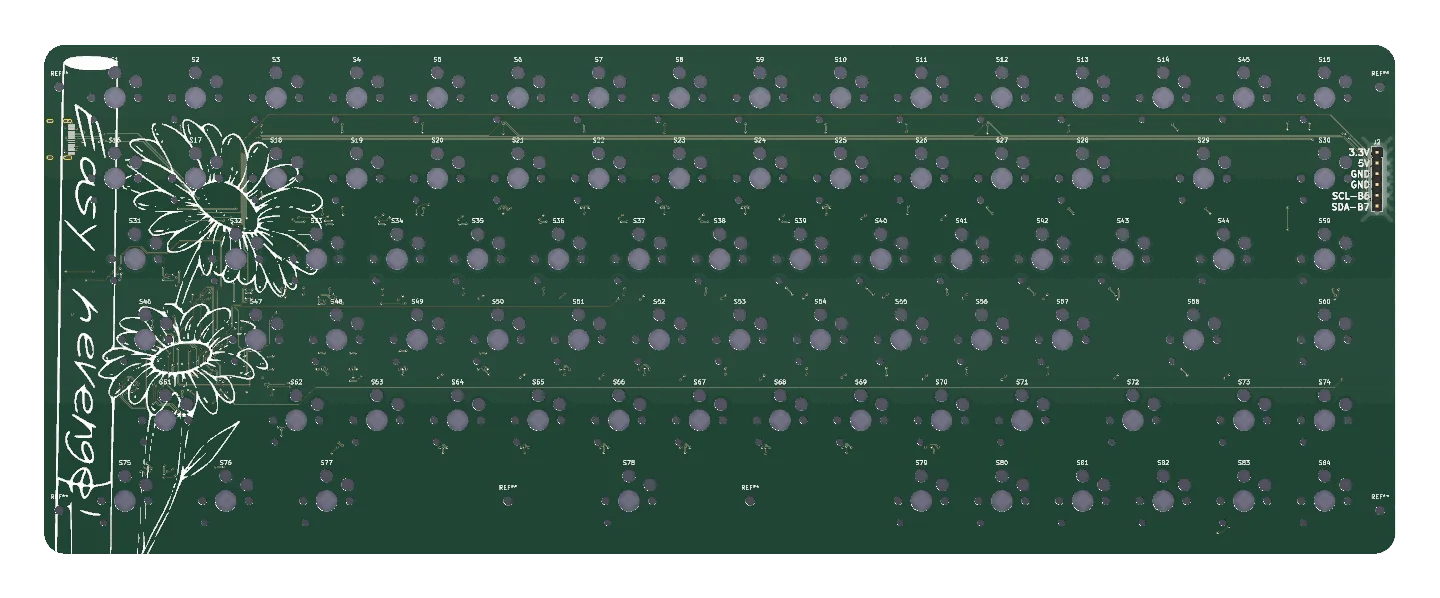 3D render of a green keyboard PCB with daisy line art and handwritten text on the silkscreen, plus a separate half-round badge board