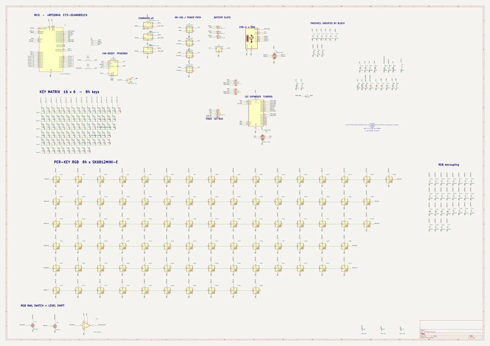 KiCad schematic sheet for the wireless keyboard showing the nRF52840 module, key matrix and power supply sections