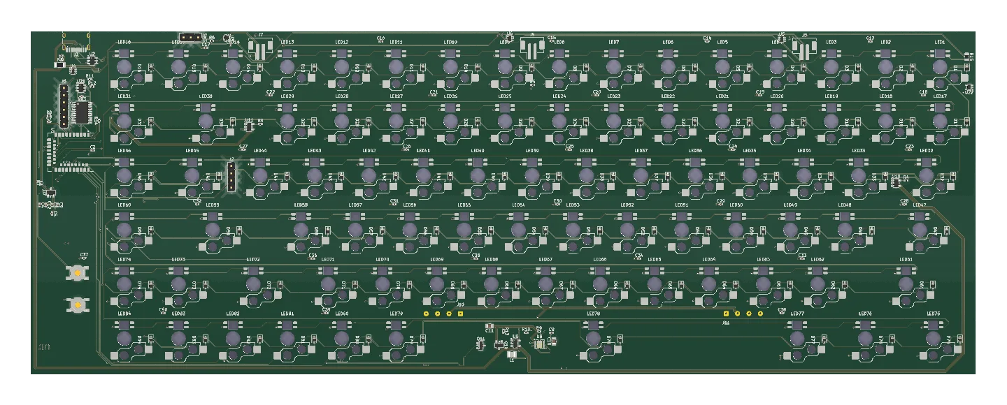 3D render of the underside of the wireless keyboard PCB showing routed traces and component pads