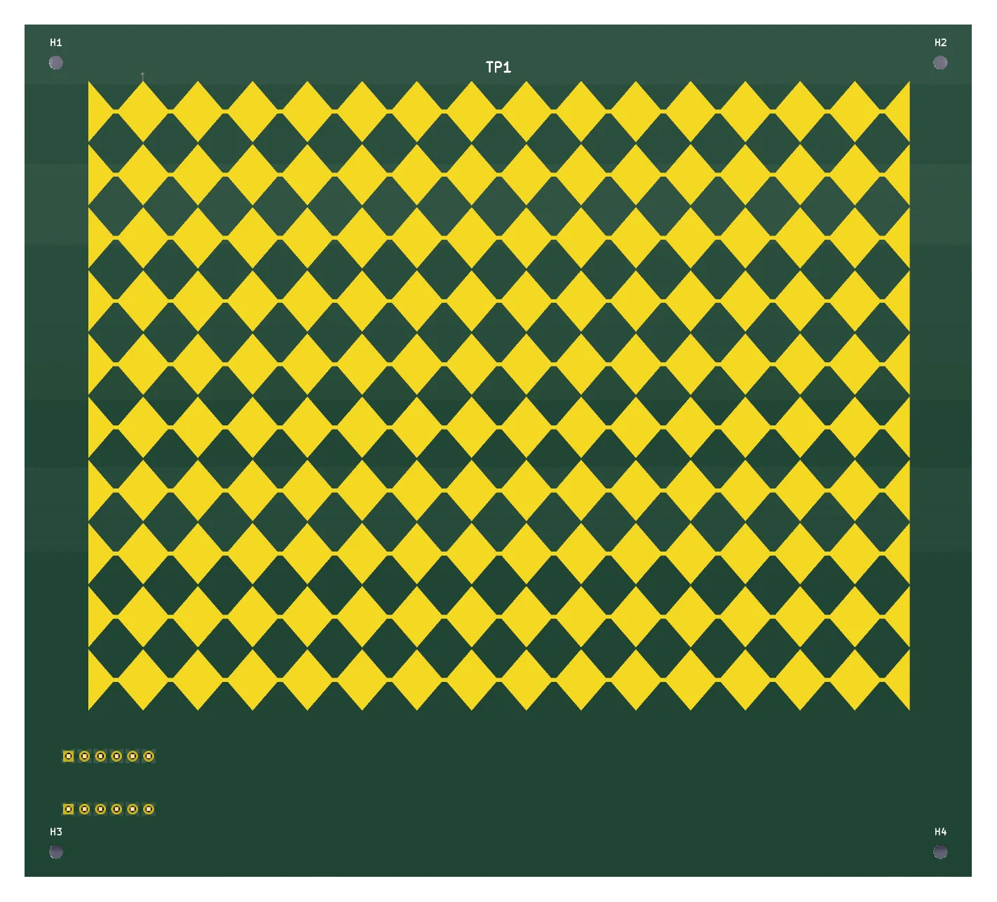 3D render of a trackpad PCB covered edge to edge with a gold diamond-lattice capacitive sensor pattern on green solder mask
