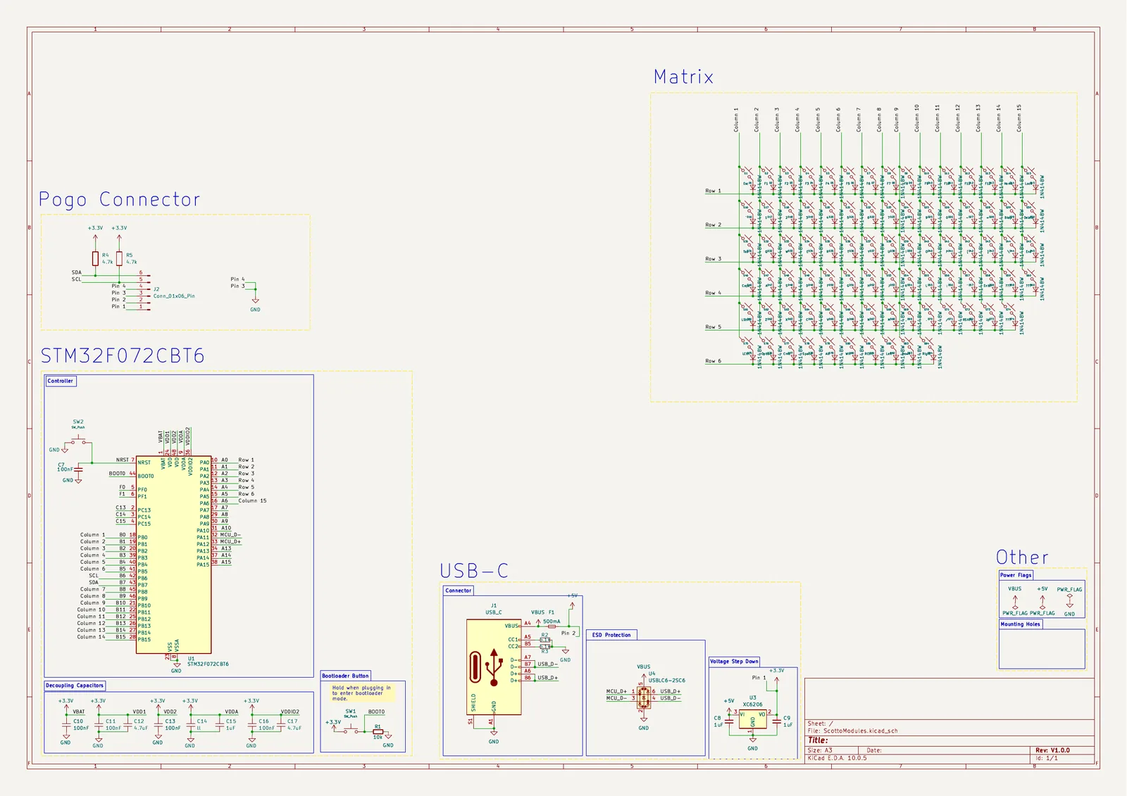 KiCad schematic sheet for the wired keyboard showing the STM32F072 microcontroller, USB-C receptacle and switch matrix