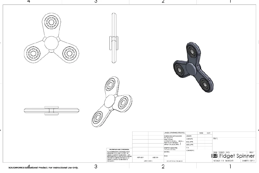 A SolidWorks assembly drawing of a three armed fidget spinner showing four orthographic views and a shaded isometric view in a titled drawing frame
