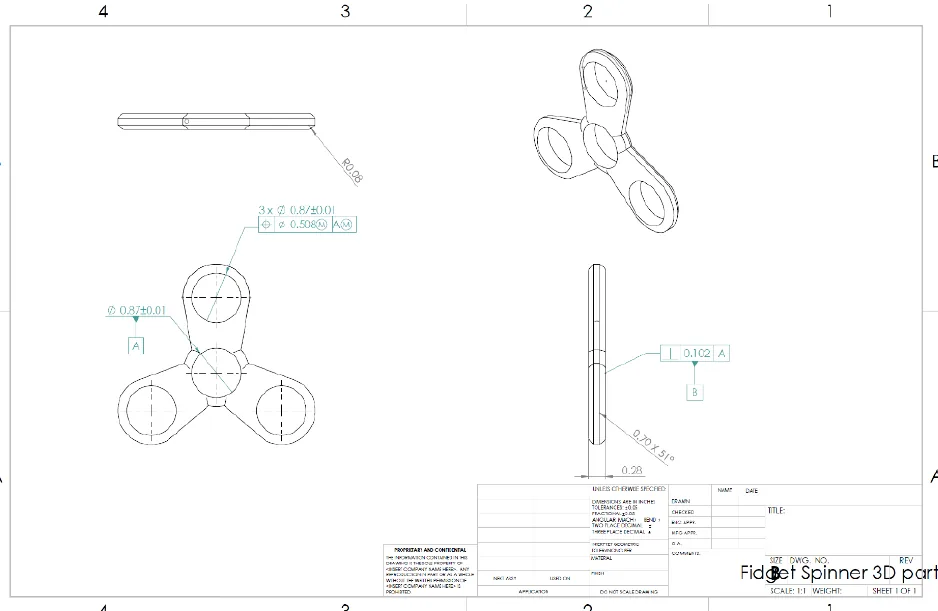 An engineering drawing of the spinner body with geometric dimensioning and tolerancing callouts, feature control frames and a datum symbol