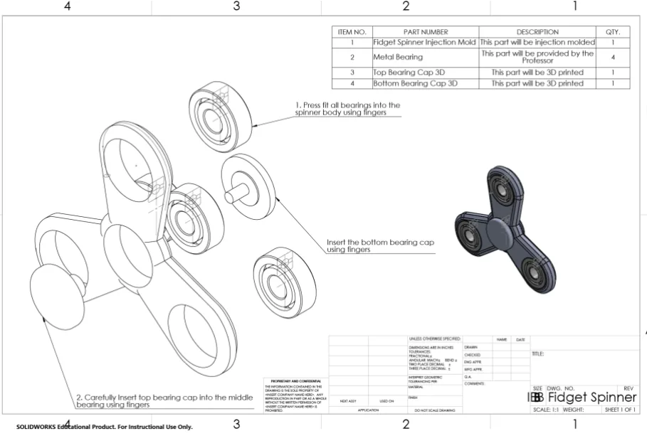 An exploded assembly drawing of the fidget spinner with numbered instructions and a bill of materials table in the corner