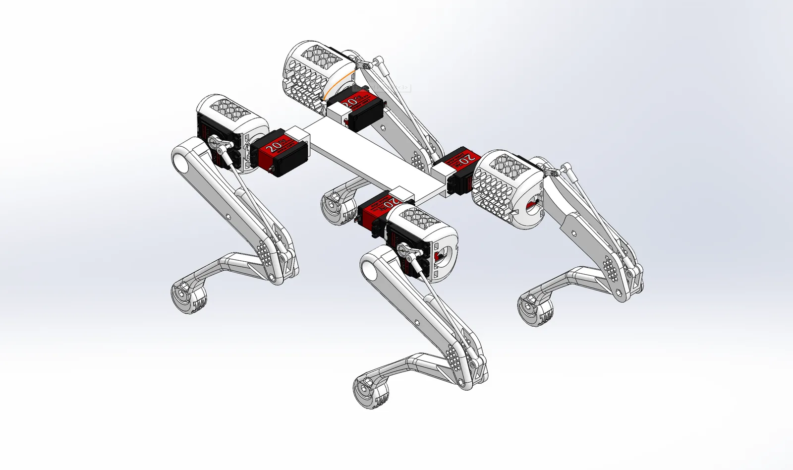 SolidWorks isometric view of the quadruped assembly with all four legs and twelve servos