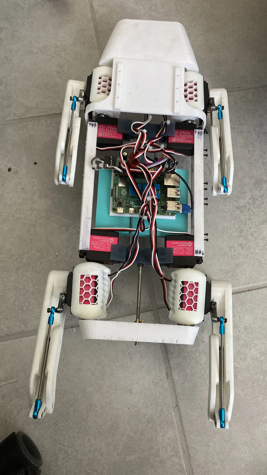 Overhead view of the assembled quadruped showing the computer, wiring and servos packed inside the body