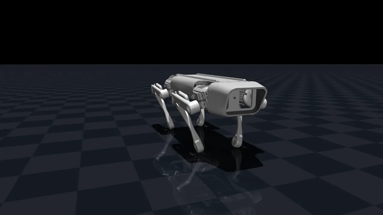 A simulated grey quadruped robot standing on a dark checkered floor