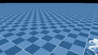 A simulated quadruped robot walking forward across a blue checkered plane, the camera trailing it