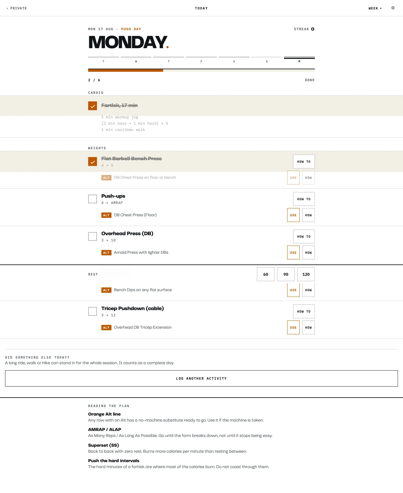 Today's plan, two exercises checked off and the progress bar filling in