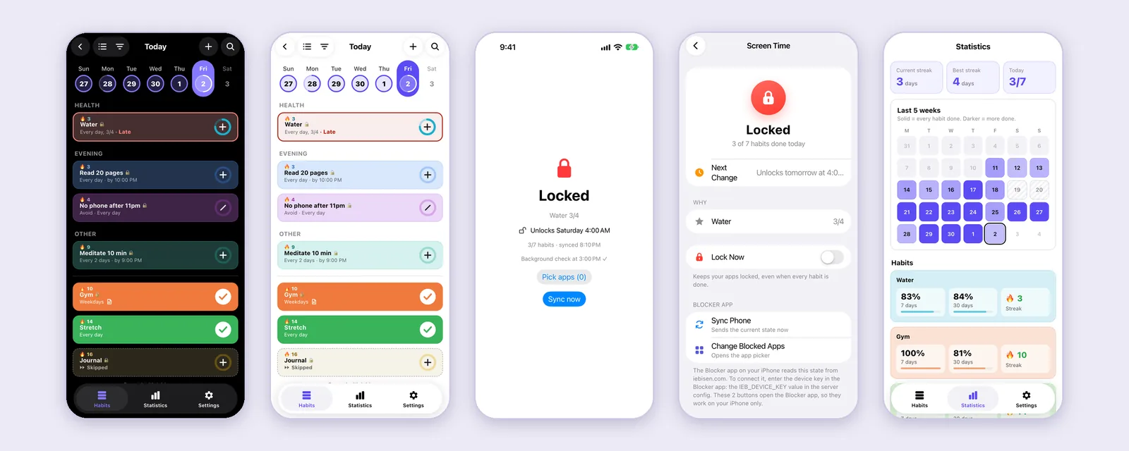 Five phone screens on a pale lavender background. Two habit lists with coloured cards, an iPhone screen with a red lock and the word Locked, a Screen Time settings page showing Locked, and a statistics page with a five week calendar grid