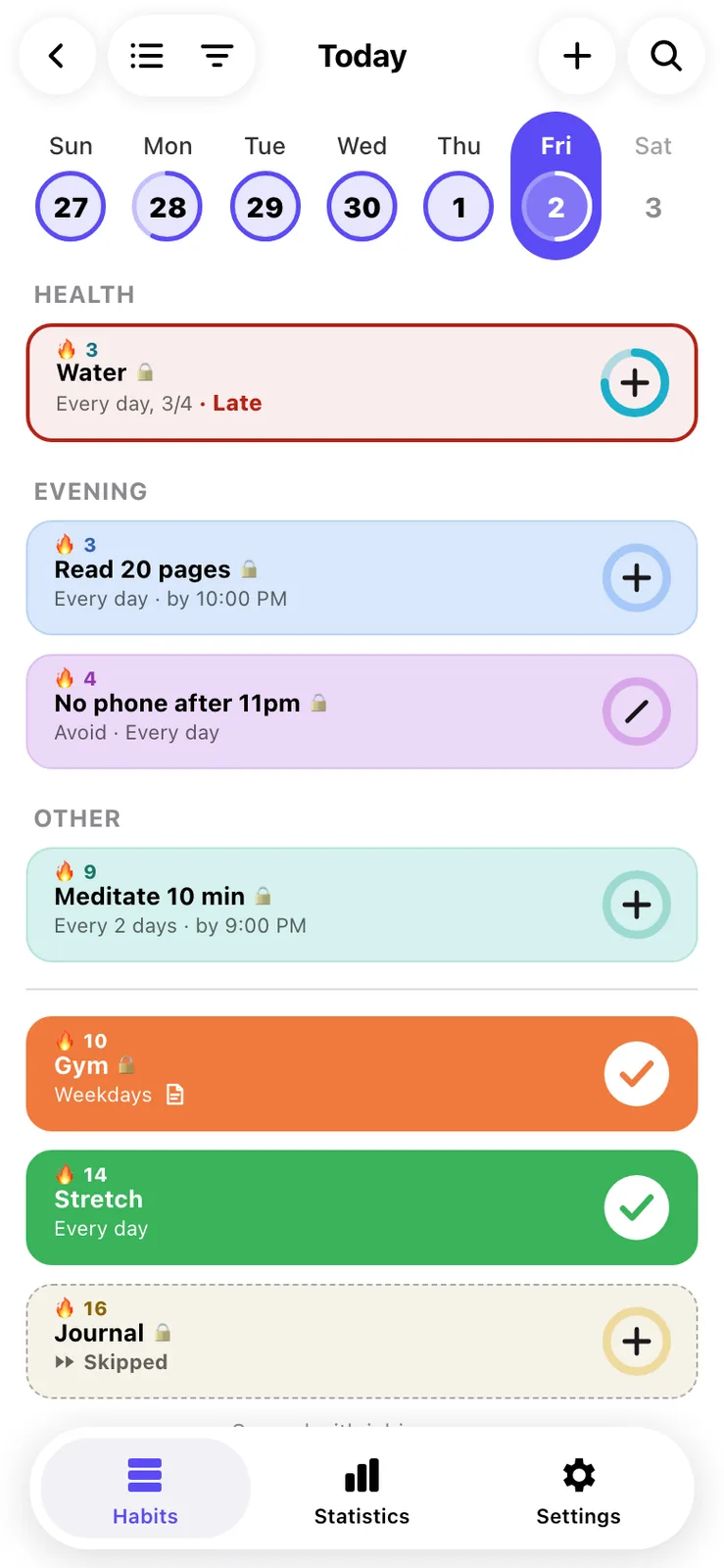 A phone habit list titled Today with a strip of days across the top, grouped cards for Health, Evening and Other, a red outlined Water card marked Late, and solid orange and green done cards below a divider