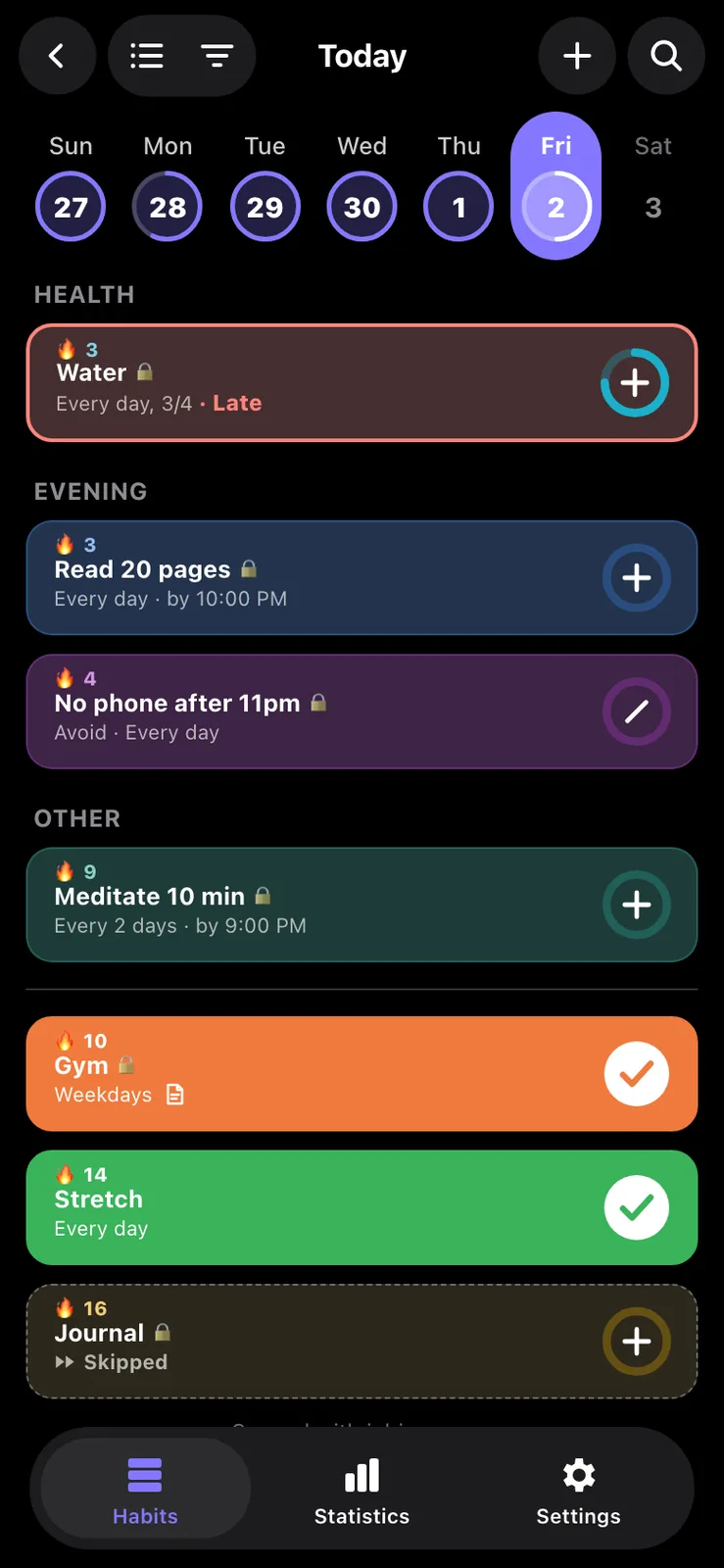 The same habit list on a black background with darker tinted cards and the late Water card outlined in red