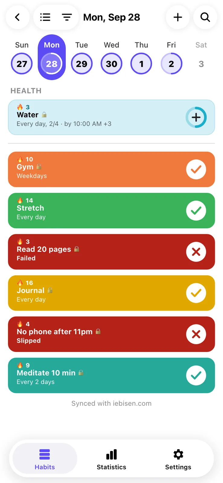 The habit list for Mon, Sep 28 with two solid red cards reading Failed and Slipped among orange, green, yellow and teal done cards