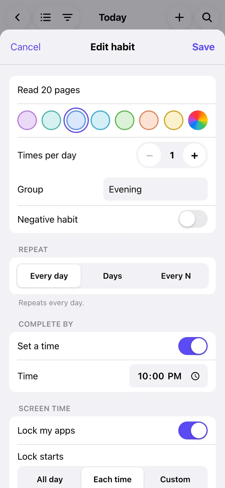 An Edit habit sheet for Read 20 pages with a row of colour swatches, a times per day stepper, a group field reading Evening, a Negative habit switch and a Repeat control set to Every day