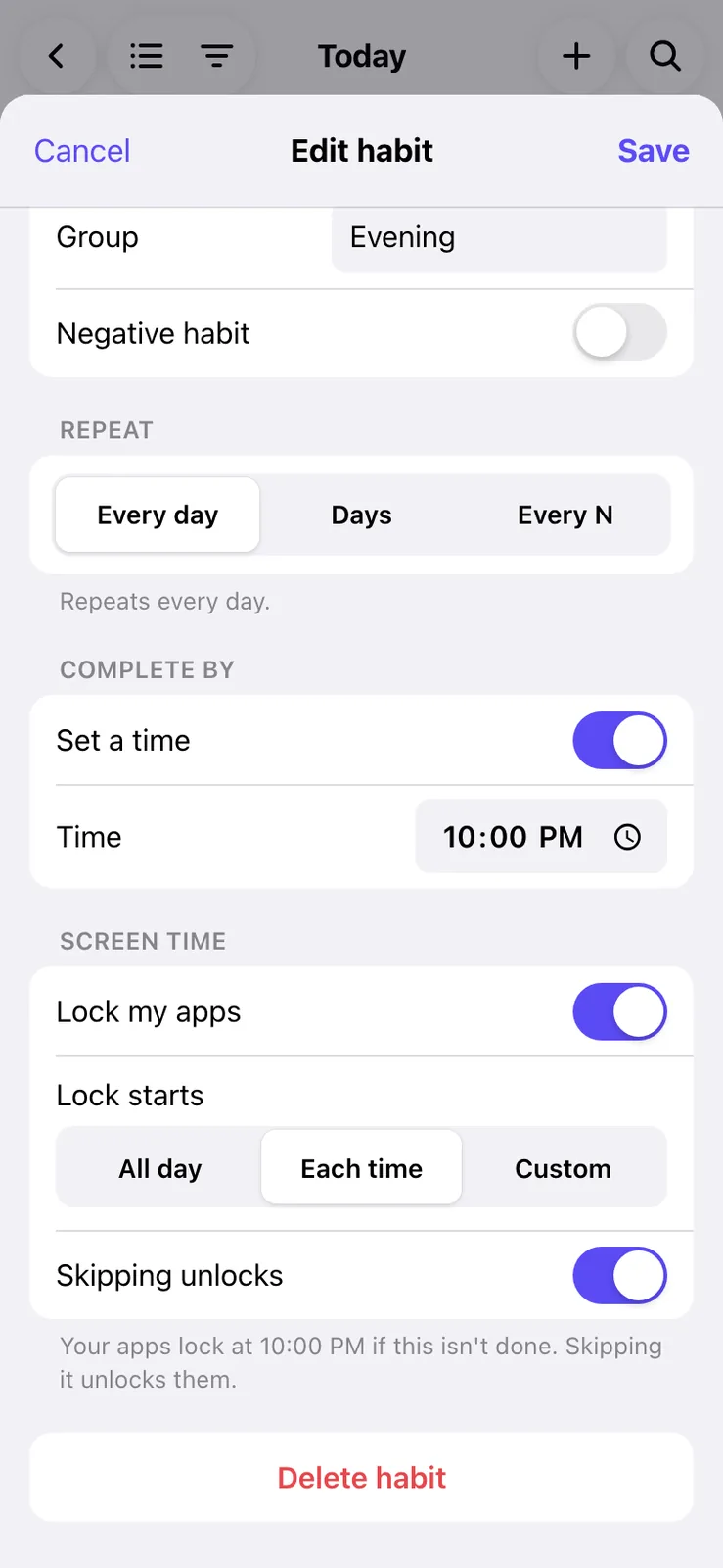 The lower half of the Edit habit sheet with a Complete by time of 10:00 PM, a Lock my apps switch, a Lock starts control set to Each time, a Skipping unlocks switch and a red Delete habit button