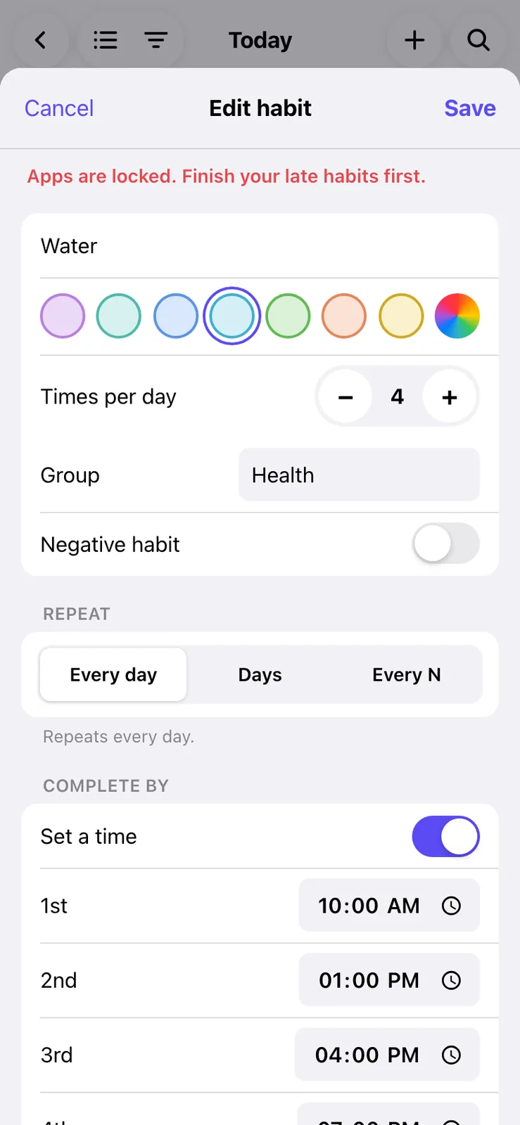 The Edit habit sheet for Water with red text across the top reading Apps are locked. Finish your late habits first