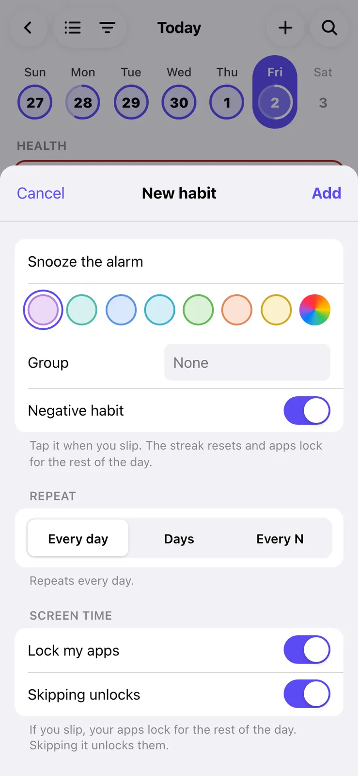 A New habit sheet named Snooze the alarm with the Negative habit switch on and a note reading Tap it when you slip. The streak resets and apps lock for the rest of the day