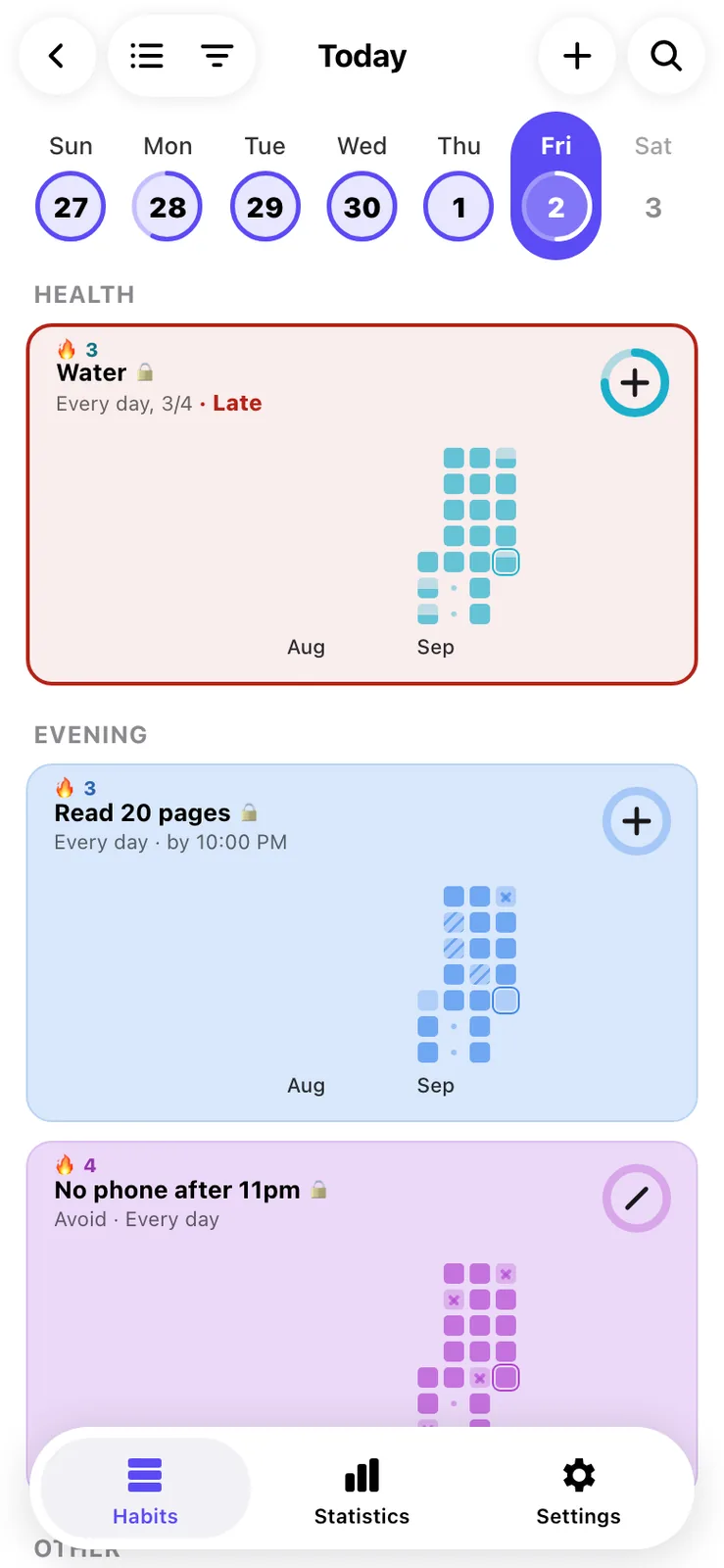 Habit cards each holding a small grid of coloured squares by week under month labels Aug and Sep