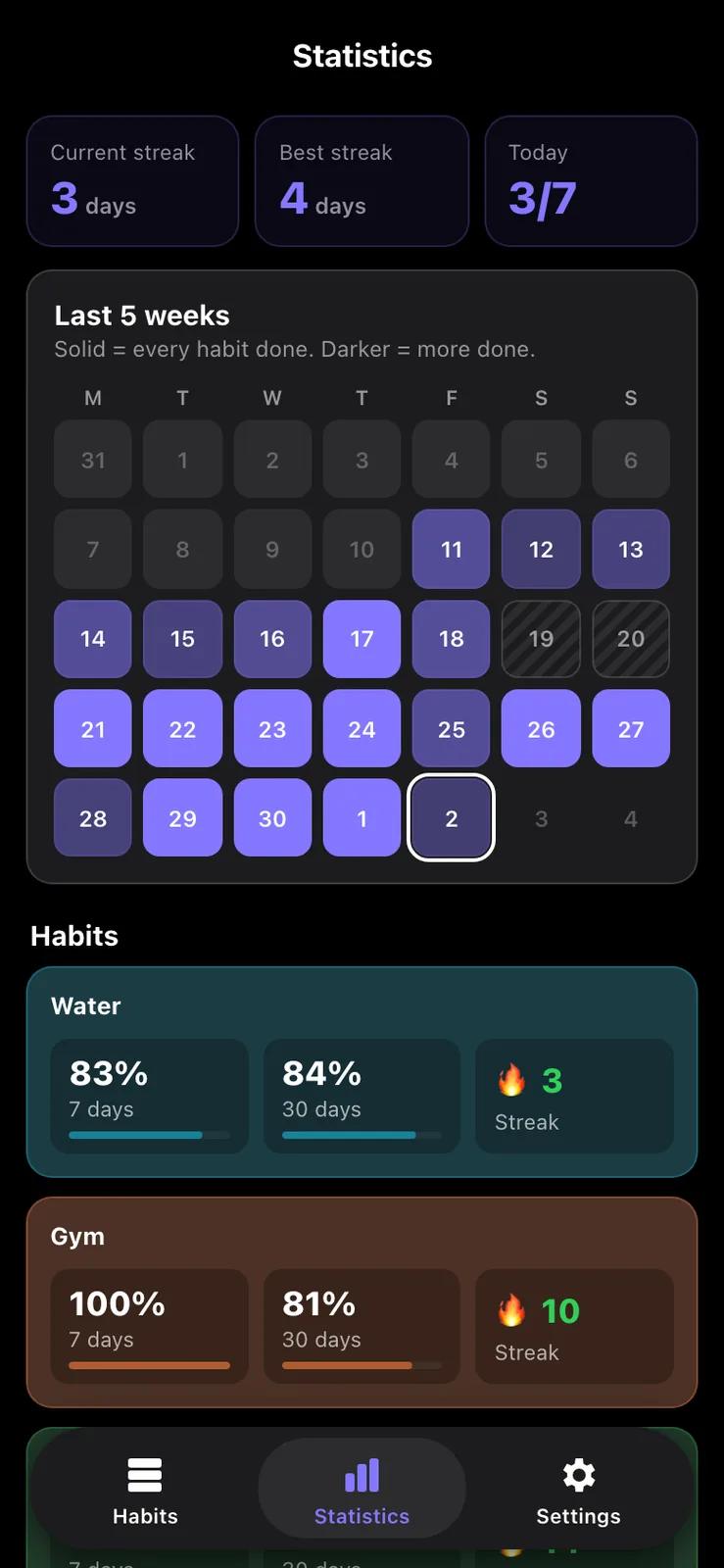 The Statistics page on a black background with bright violet calendar cells and two striped grey cells for the 19th and 20th