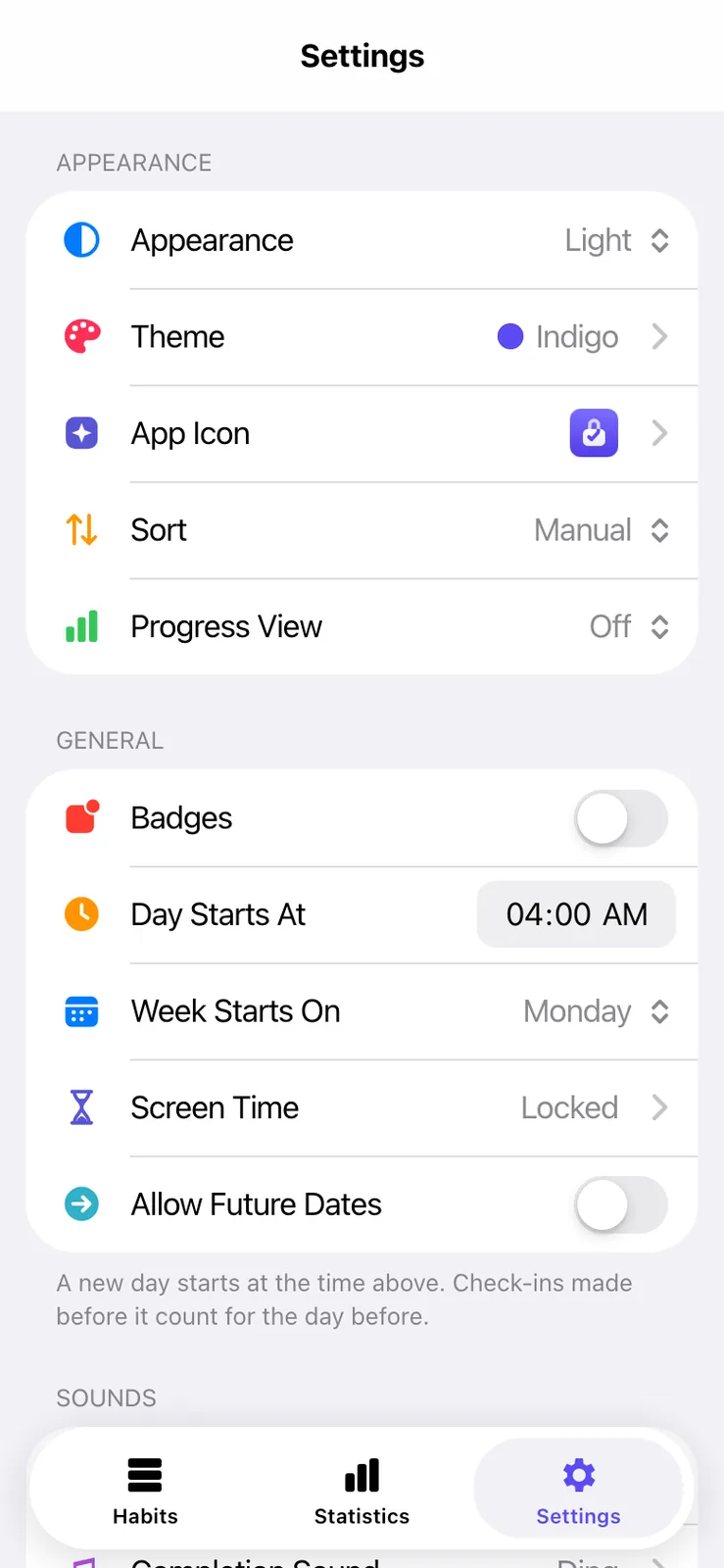 A grouped settings list with rows for Appearance, Theme, App Icon, Sort, Progress View, Badges, Day Starts At 04:00 AM, Week Starts On Monday, Screen Time Locked and Allow Future Dates