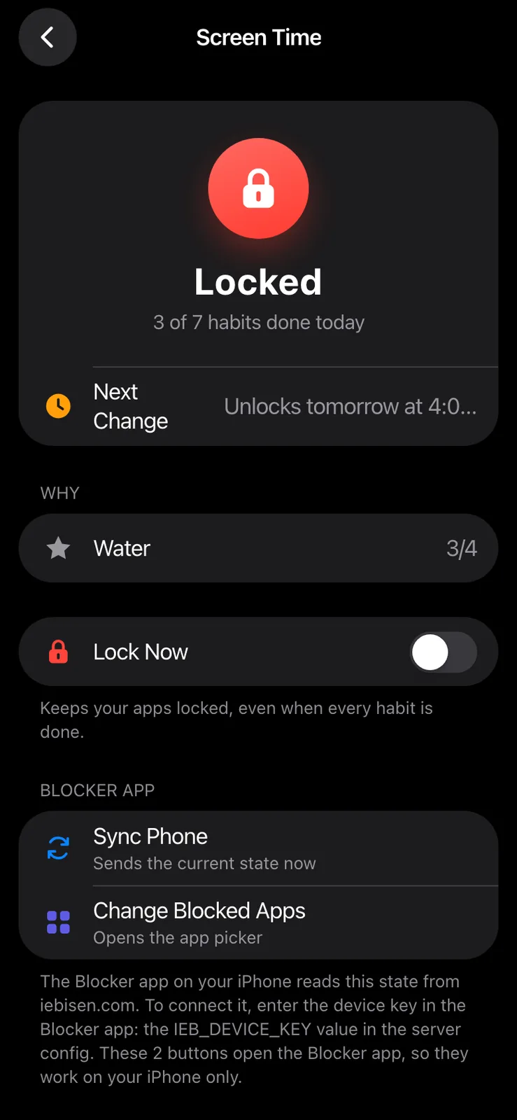 The Screen Time page on a black background with the red Locked badge, the Water reason, the Lock Now switch and the two Blocker App rows