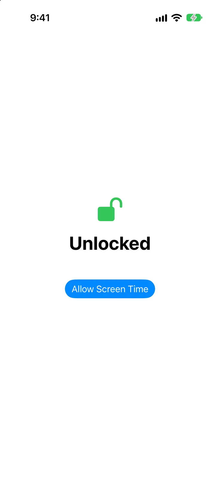 An iPhone screen with a green open padlock, the word Unlocked and a blue Allow Screen Time button