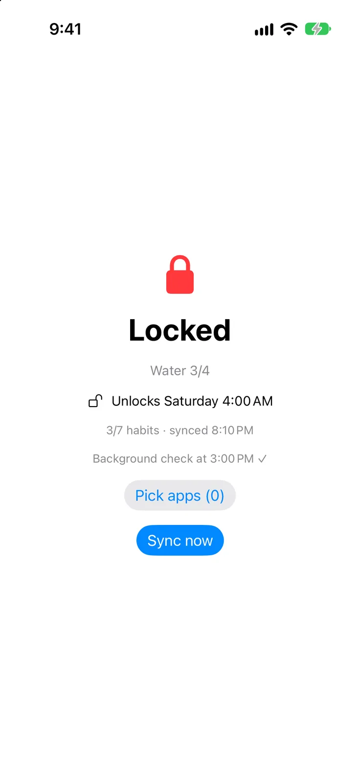 An iPhone screen with a red padlock, the word Locked, the reason Water 3/4, a line reading Unlocks Saturday 4:00 AM, a status line reading 3/7 habits synced 8:10 PM, a background check line, and Pick apps and Sync now buttons