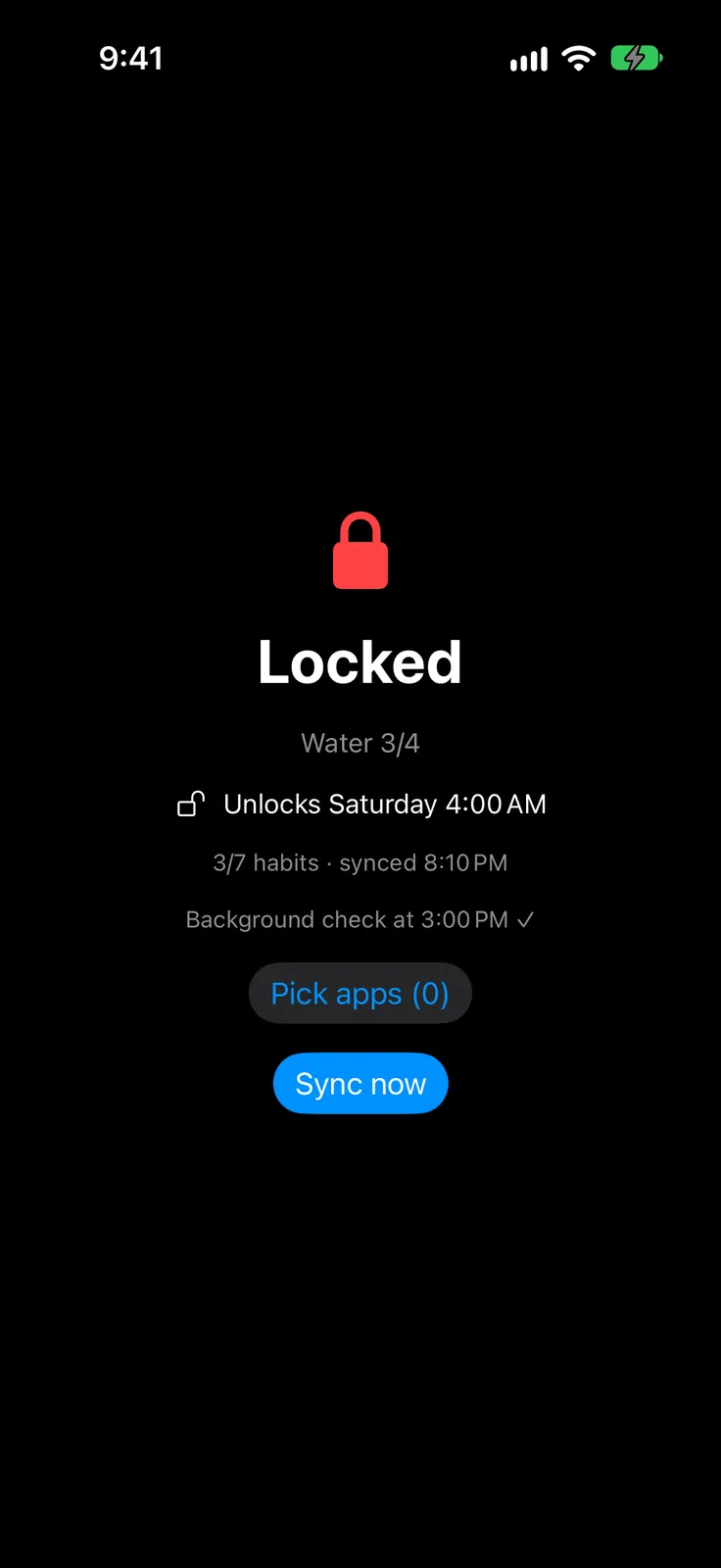 The same Blocker screen on a black background with the red padlock, Locked, Water 3/4 and the Pick apps and Sync now buttons