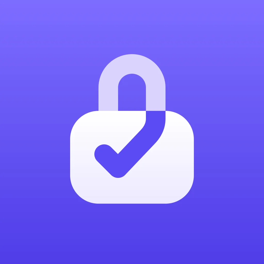 An app icon on an indigo gradient with a white padlock whose shackle continues down into an indigo check mark on the lock body