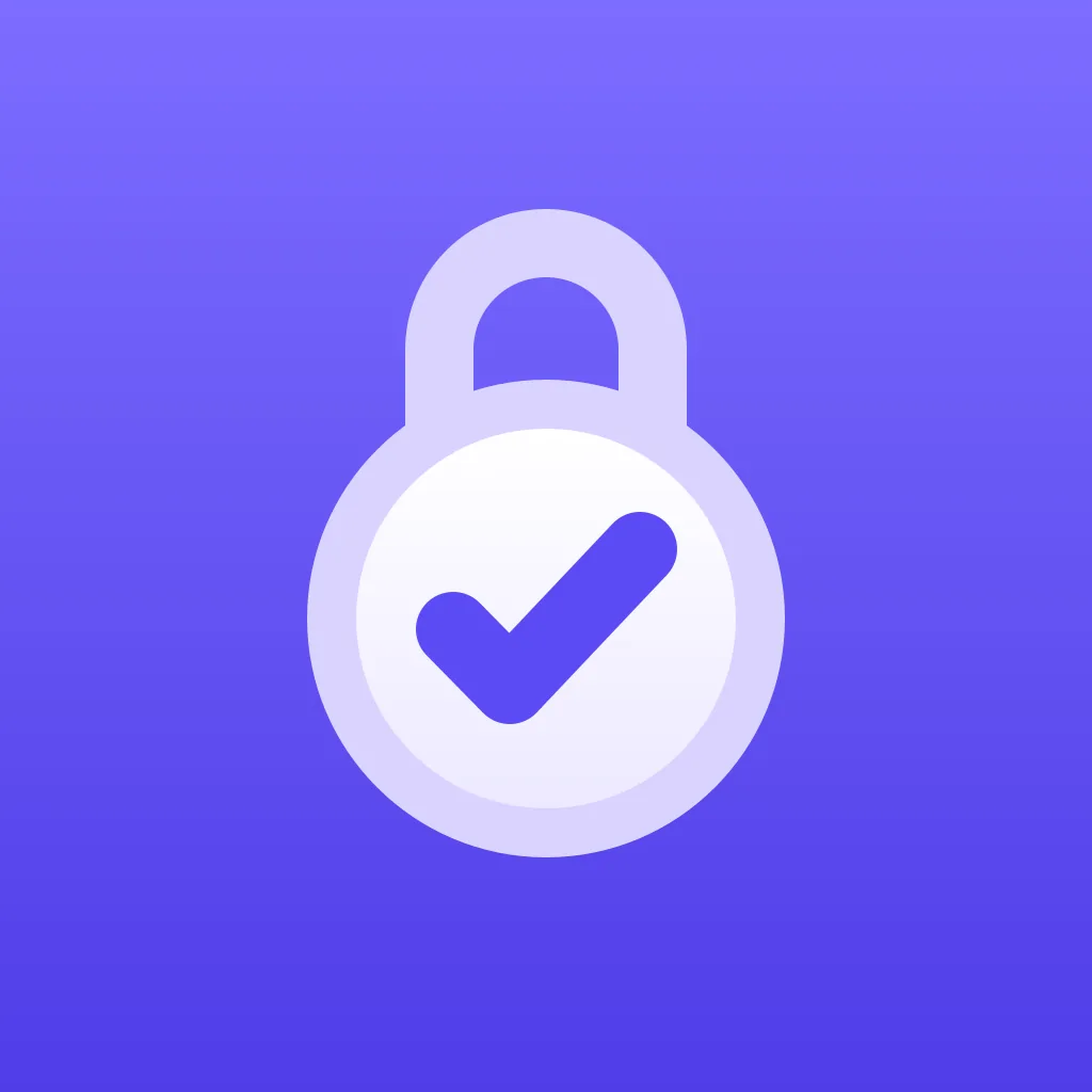 An app icon mockup on an indigo gradient with a round lavender padlock holding a white disc and an indigo check mark