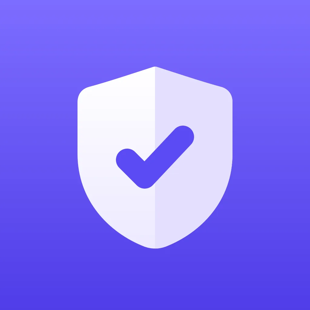 An app icon mockup on an indigo gradient with a two tone white shield and an indigo check mark