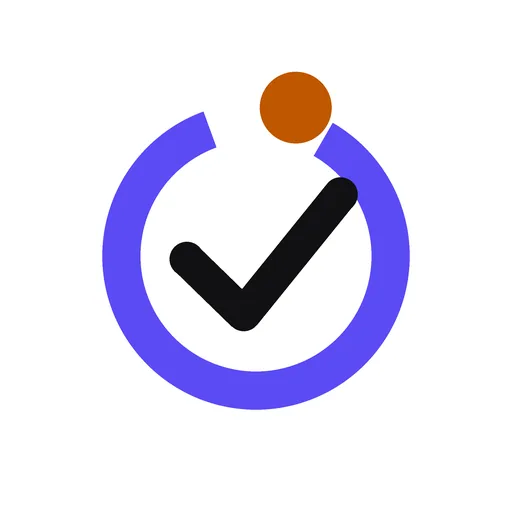 An icon of an open indigo ring with a black check mark inside and an orange dot in the ring's gap