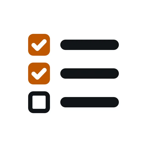 An icon of a three line checklist with two orange ticked boxes and one empty black box