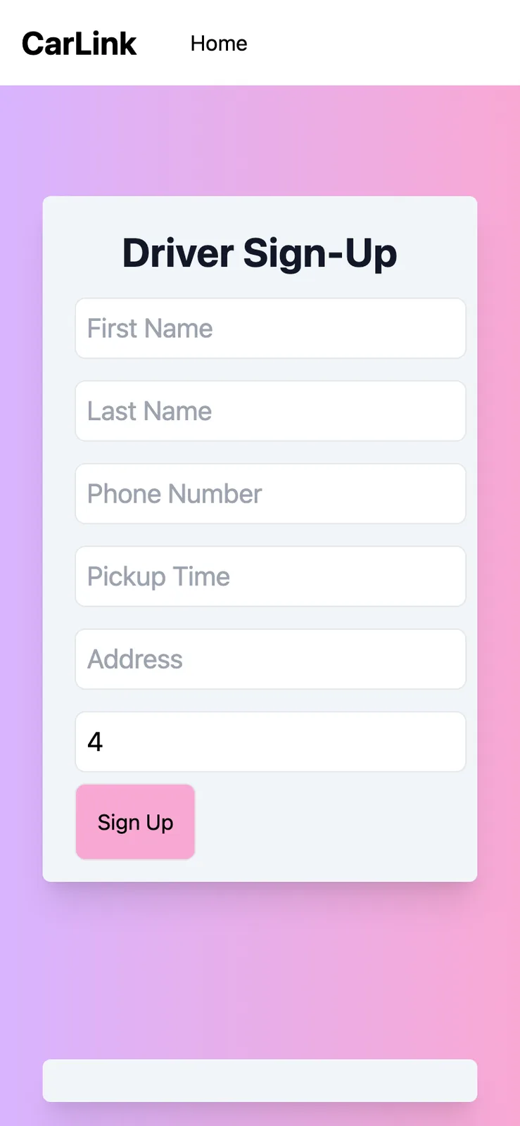 The Driver Sign-Up card on a phone screen with empty fields, seats set to 4, and a thin empty box near the bottom of the screen