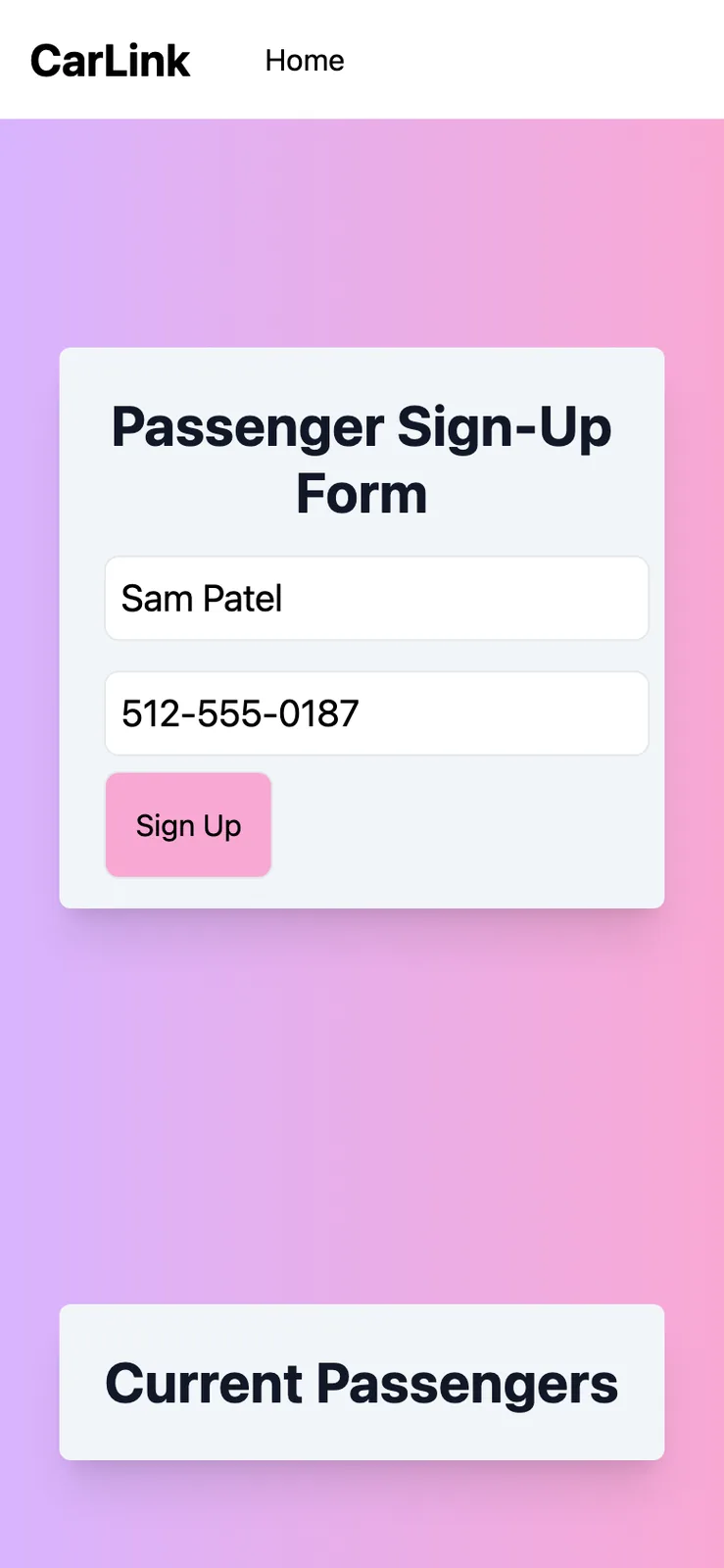 The phone passenger form filled in with the sample name Sam Patel and a 555 phone number