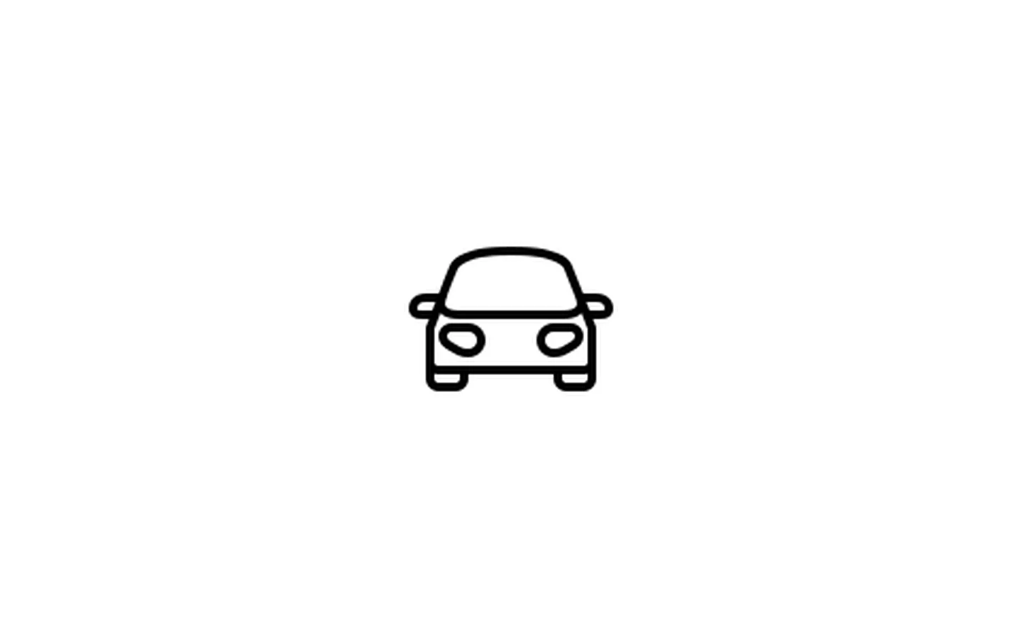 A simple black line icon of a car seen from the front, with a curved roof, side mirrors, two headlights and two tyres, centred on a white background