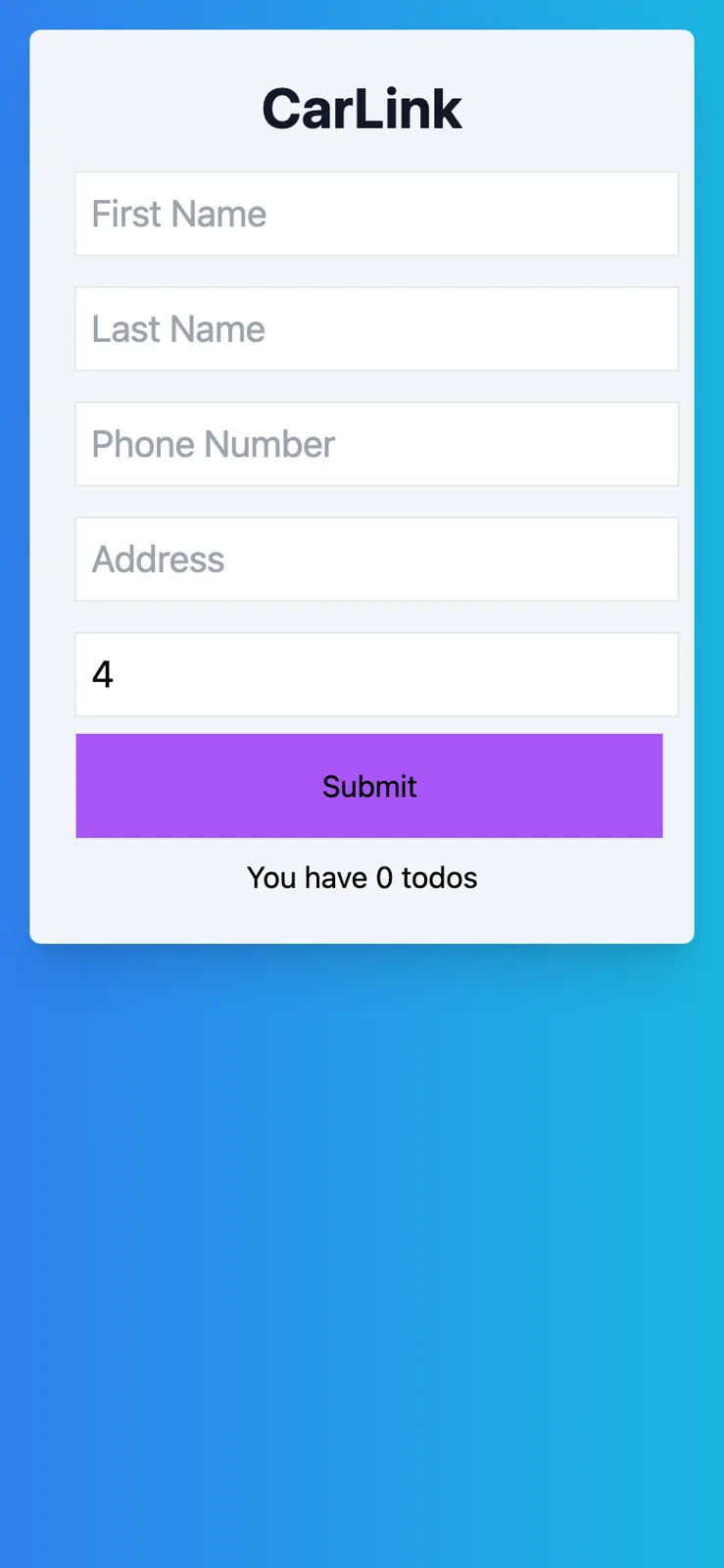 The older blue version of the app on a phone screen, with the CarLink card, its driver fields, a purple Submit button and the line You have 0 todos