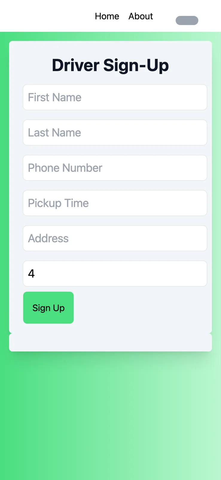 The older green Driver Sign-Up card on a phone screen with empty fields, seats set to 4 and a green Sign Up button