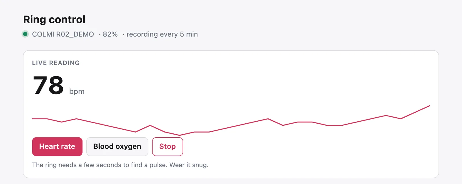 A web page titled Ring control with a green dot beside COLMI R02_DEMO, 82 percent and recording every 5 min, above a Live reading card showing 78 bpm, a red line chart and Heart rate, Blood oxygen and Stop buttons