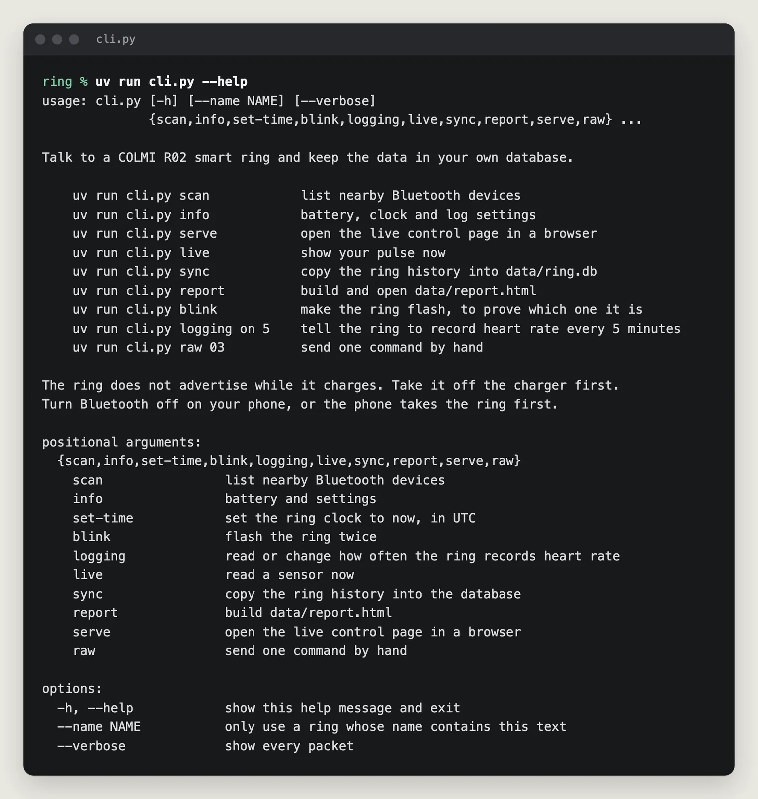 A dark terminal window showing the help text of cli.py, listing the commands scan, info, set-time, blink, logging, live, sync, report, serve and raw with a one line description each