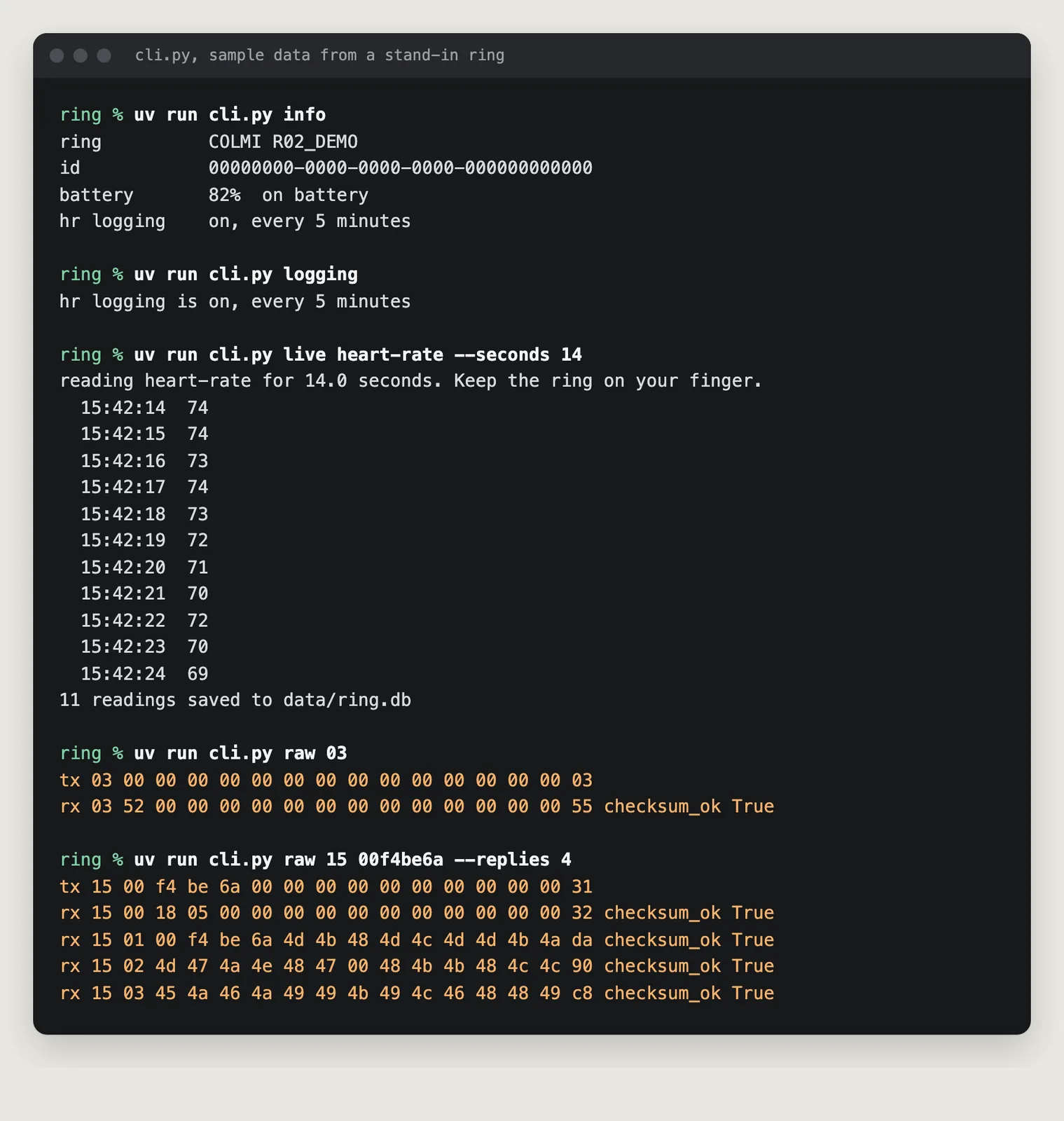 A dark terminal window running cli.py info, cli.py logging, cli.py live heart-rate with one timestamped value per line, then cli.py raw 03 and cli.py raw 15 with hex packets in orange
