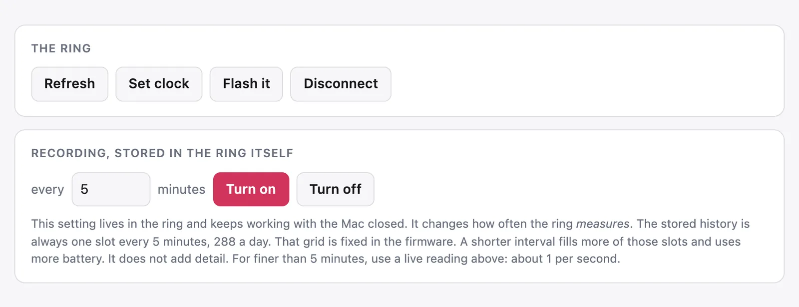 Two cards from the control page, one with Refresh, Set clock, Flash it and Disconnect buttons, and one titled Recording, stored in the ring itself with an interval box set to 5 minutes, Turn on and Turn off buttons and a paragraph about the 5 minute grid