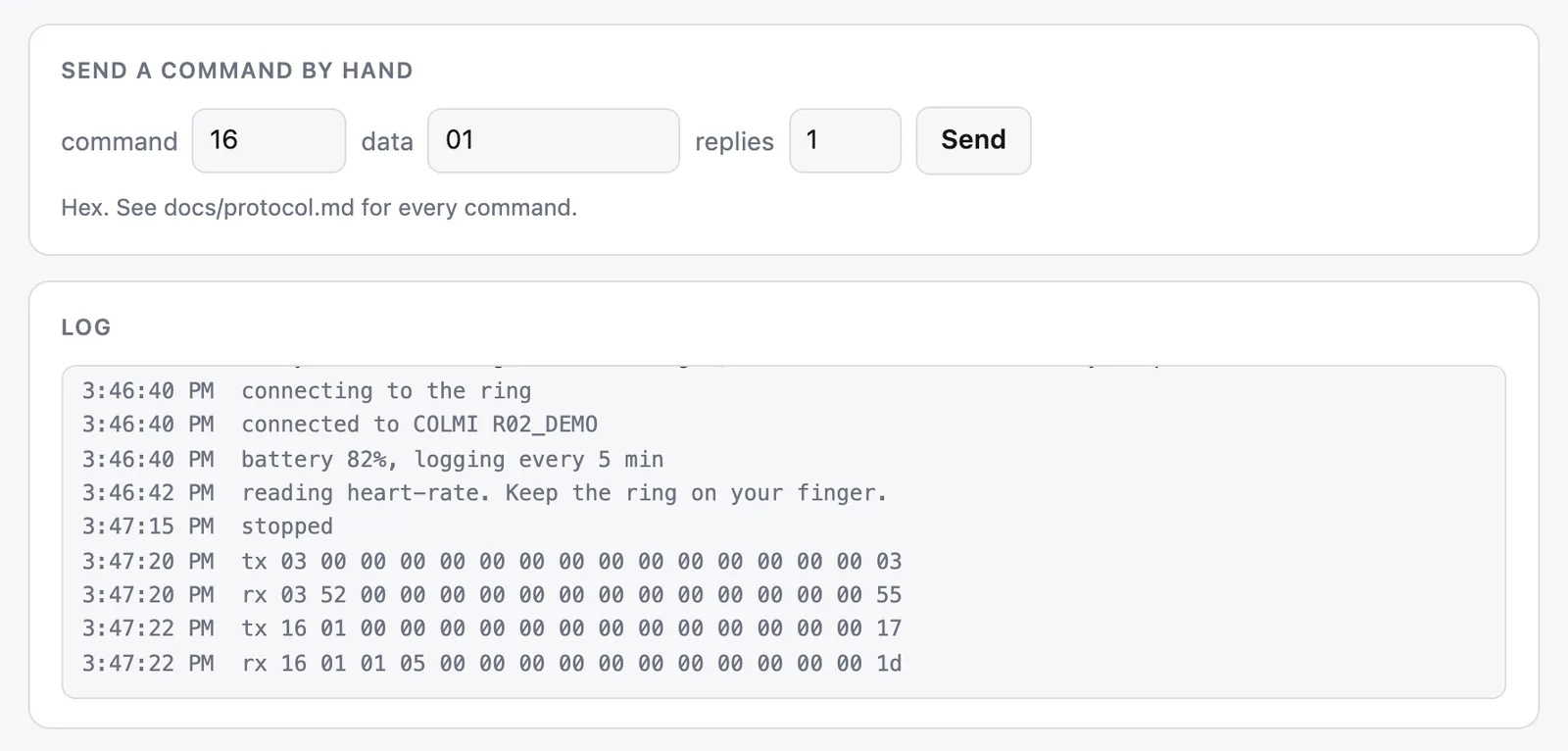 A card titled Send a command by hand with command, data and replies boxes and a Send button, above a log card listing timestamped lines for connecting, battery, a stopped live reading and tx and rx hex packets