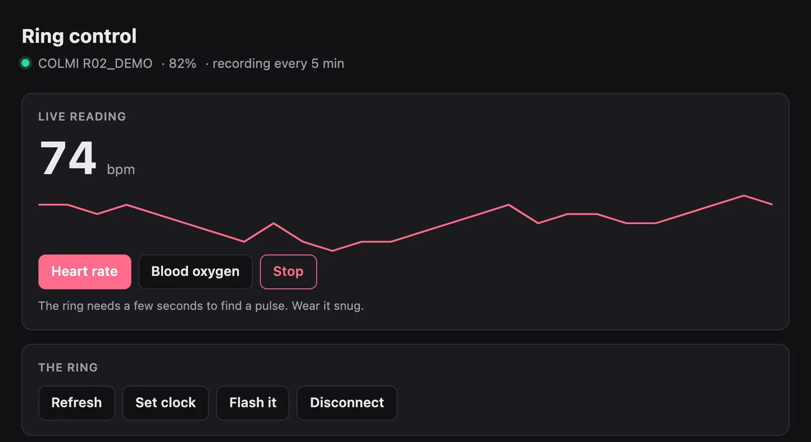 The Ring control page on a near black background, showing 74 bpm with a pink line chart and the ring buttons below