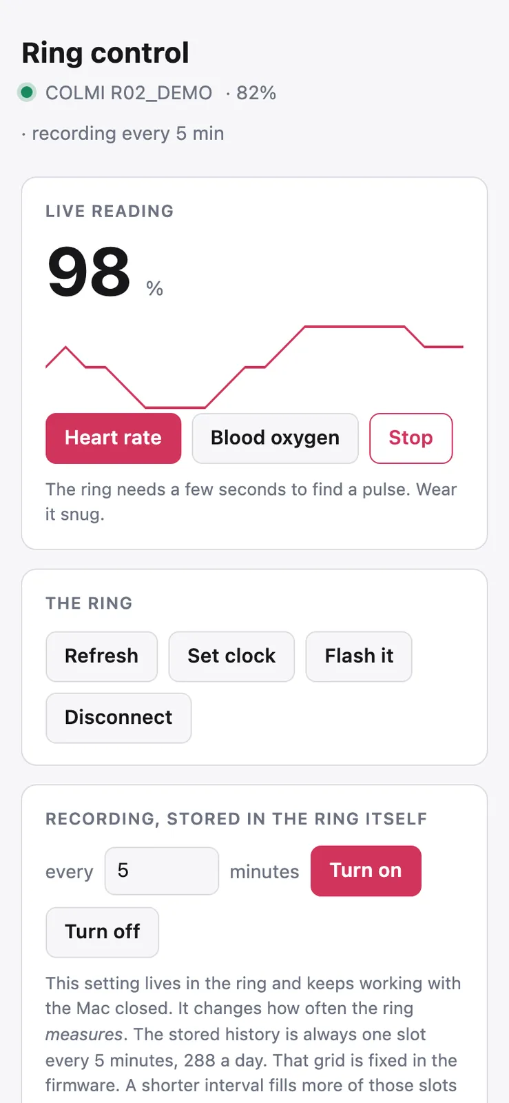 A narrow view of the Ring control page showing a live reading of 98 percent with a red line chart and the ring and recording cards stacked below
