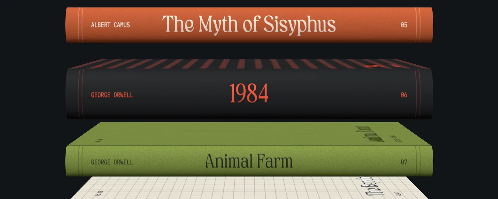 Four 3D hardcover books lying in a stack on a dark background, orange, black, green and cream, with their spines facing out and striped and grid patterns on the covers of the lower three